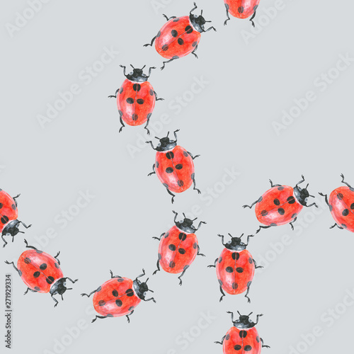Acrylic painted ladybugs on white background, seamless pattern