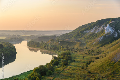 Storozhevoe, Voronezh region, Russia - Dawn on the river Don among the meadows and the chalk mountains © Maks_Ershov