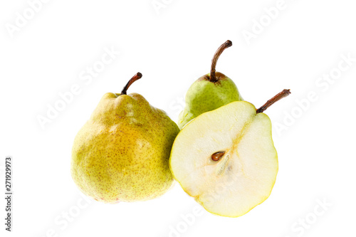 Two and a half sliced Green Anjou pears with the stems isolated on white background
