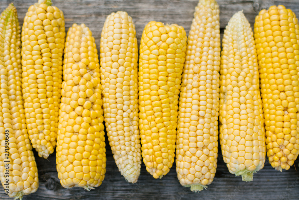 an ear of fresh juicy sweet corn on an old wooden background. grains of yellow corn. healthy eating and veggie an ear of fresh juicy sweet corn on an old wooden background. grains of yellow corn. healthy eating and veggie