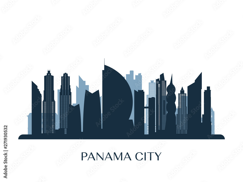 Panama City skyline, monochrome silhouette. Vector illustration.
