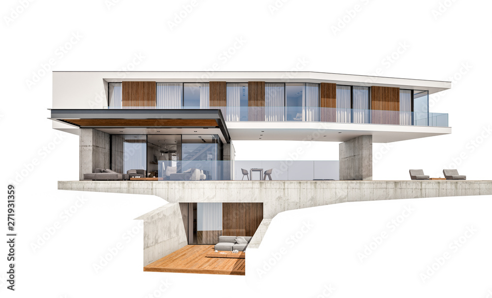 3d rendering of modern cozy house on the hill with garage and pool for sale or rent. Isolated on white 3d rendering of modern cozy house on the hill with garage and pool for sale or rent. Isolated on white