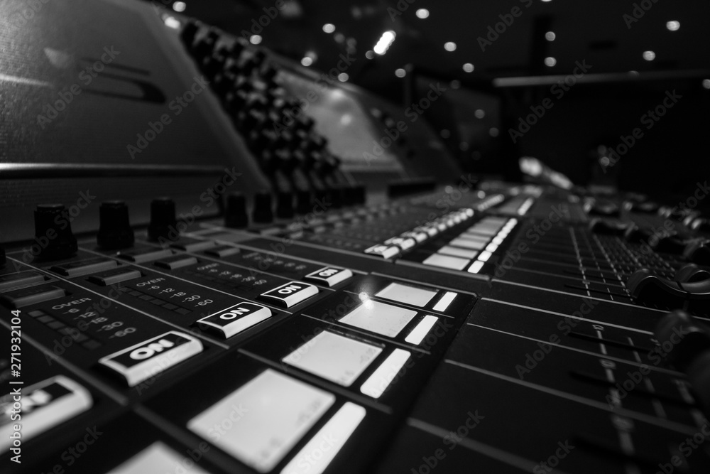 Closeup view of Faders on Professional Audio Digital Sound Mixing Control Console.
