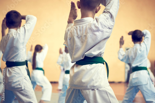 Kids training on karate-do. Banner with space for text. Retro style. For web pages or advertising printing. Photo without faces. photo