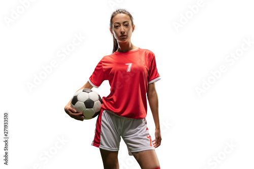 Murais de parede Isolated Female Soccer player play on white background