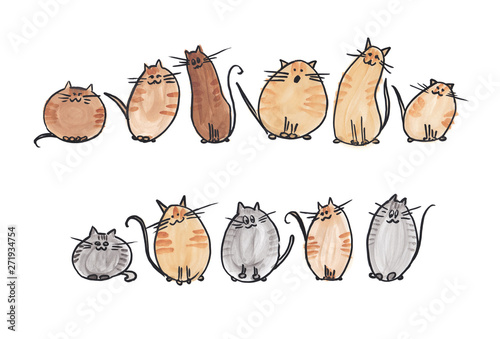 10 cute watercolor cats in 2 line on white background. Watercolor illustration