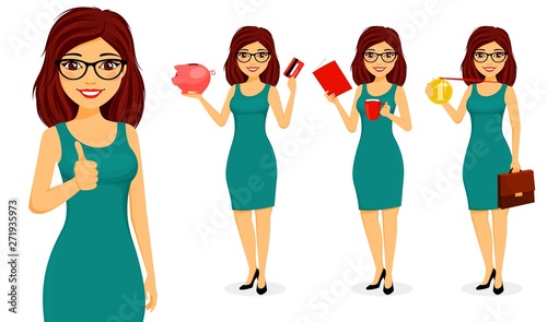 Set. Business concept. A young businessman girl stands with a piggy Bank, credit card, Cup, medal. Office work. Business and Finance. Flat style on white background. Cartoon.