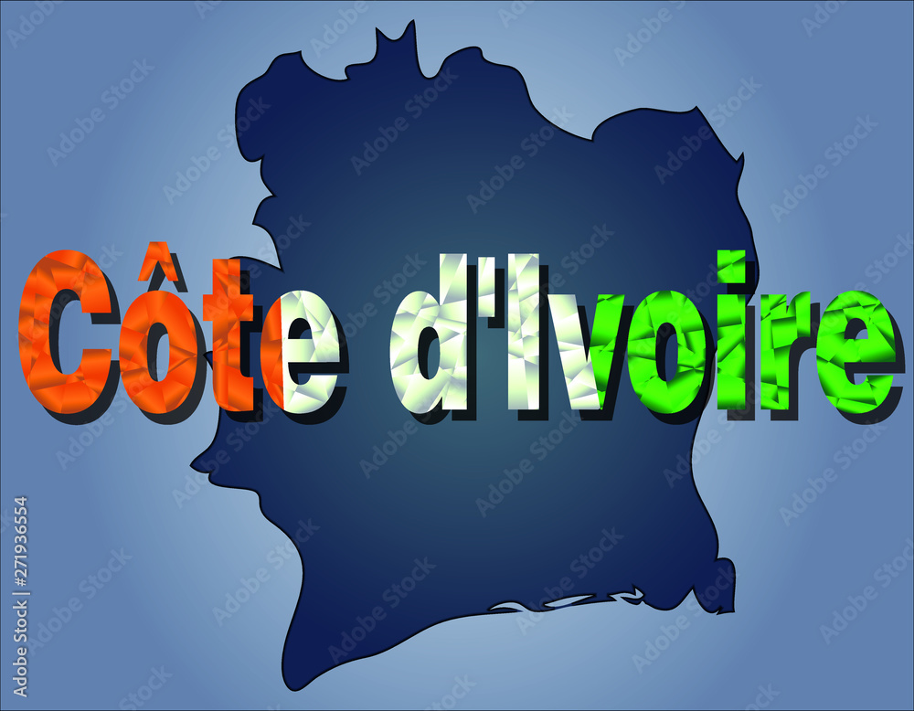 The contours of territory of Cote D'ivoire and Cote D'ivoire word in colours of the national flag