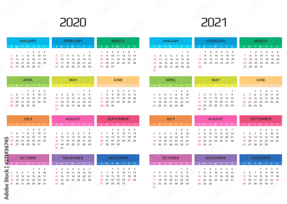 Calendar 2020 and 2021 template. 12 Months. include holiday event. Week Starts Sunday