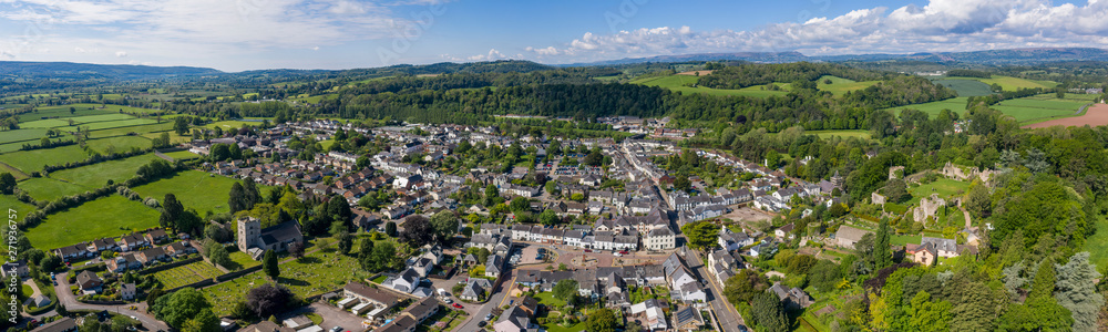 Aerial daytime panoramic view of the beautiful town of Usk in south Wales, UK