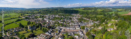 Aerial daytime panoramic view of the beautiful town of Usk in south Wales, UK