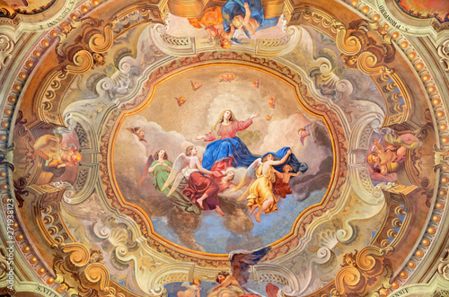 COMO, ITALY - MAY 8, 2015: The ceiling fresco of Assumption of Virgin Mary in church Santuario del Santissimo Crocifisso by Gersam Turri (1927-1929).