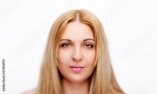 A portrait of beautiful face with beautiful brown eyes - isolated on white.
