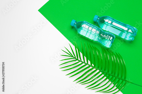 Transparent liquid bottle with tropical palm leaves, top view
