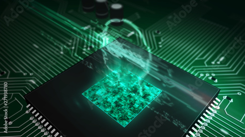CPU on board with cyber privacy symbol hologram
