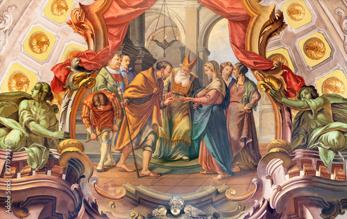COMO, ITALY - MAY 8, 2015: The fresco of Wedding of St. Joseph and Virgin Mary fresco in church Santuario del Santissimo Crocifisso by Gersam Turri (1927-1929).