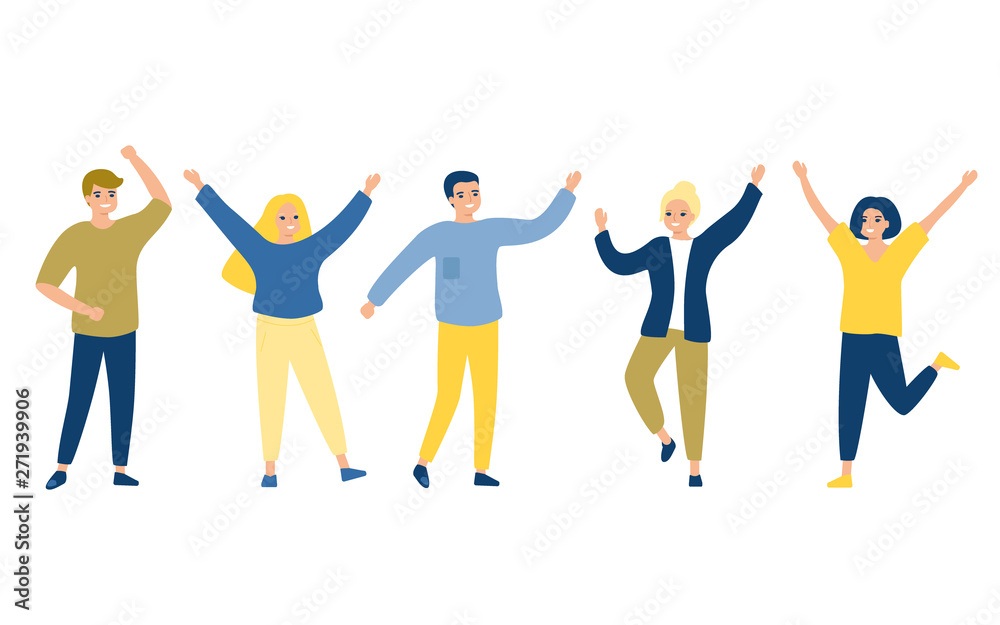 Happy group of people male and female in casual clothes . Concept of friendship, healthy lifestyle, success. Vector illustration on white background in flat style