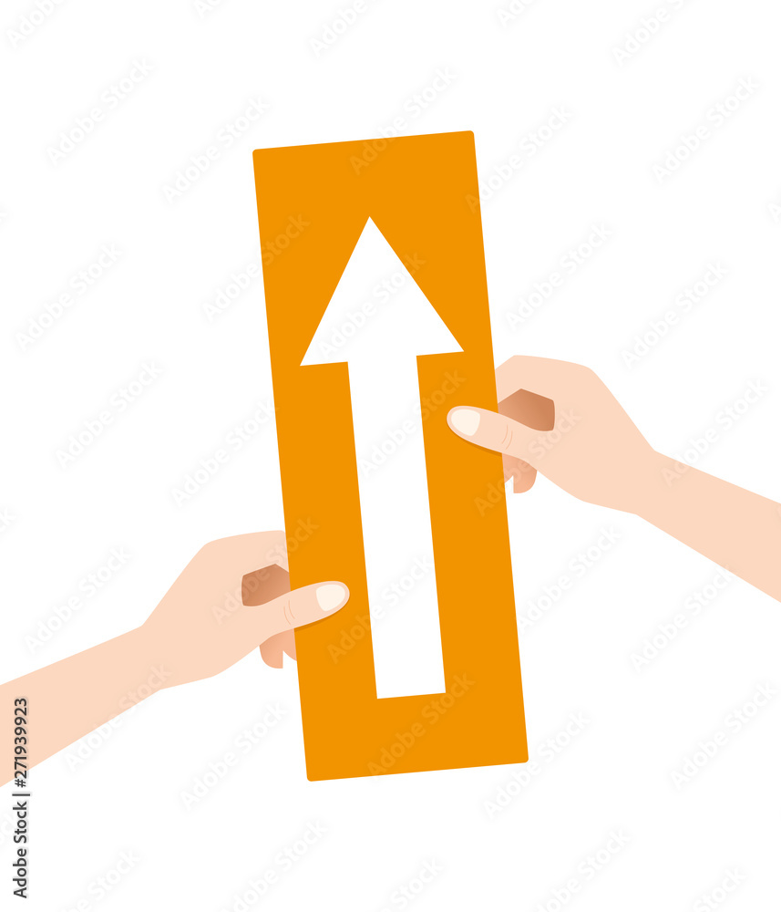 Plakat Vector two hands hold big orange sign with white arrow. Isolated on white background