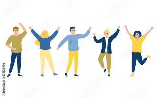 Happy group of people male and female in casual clothes . Concept of friendship, healthy lifestyle, success. Vector illustration on white background in flat style