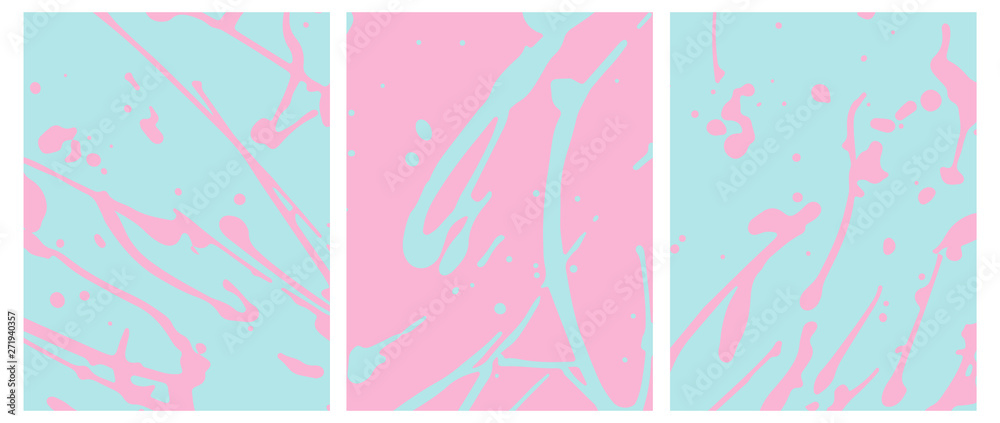 Set o 3 Abstract Geometric Layouts. Irregular Handmade Light Pink Splashes on a Blue Background. Blue Daubs on a Pink. Funny Simple Creative Design. Infantile Style Expressive Painting.