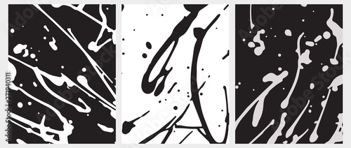 Set o 3 Abstract Geometric Layouts. Irregular Handmade White Splashes on a Black Background. Black Daubs on a White. Funny Simple Creative Design. Infantile Style Expressive Painting.