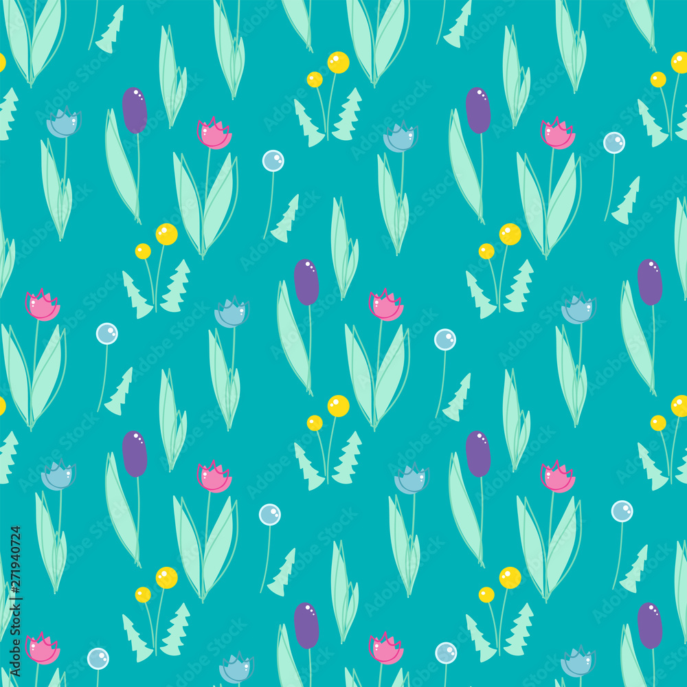 Vector cartoon background. Seamless pattern with wild flowers, dandelions, tulips, reeds. Children’s book style. Perfect for kids room wallpaper, cotton, textile. Cute pastel color palette