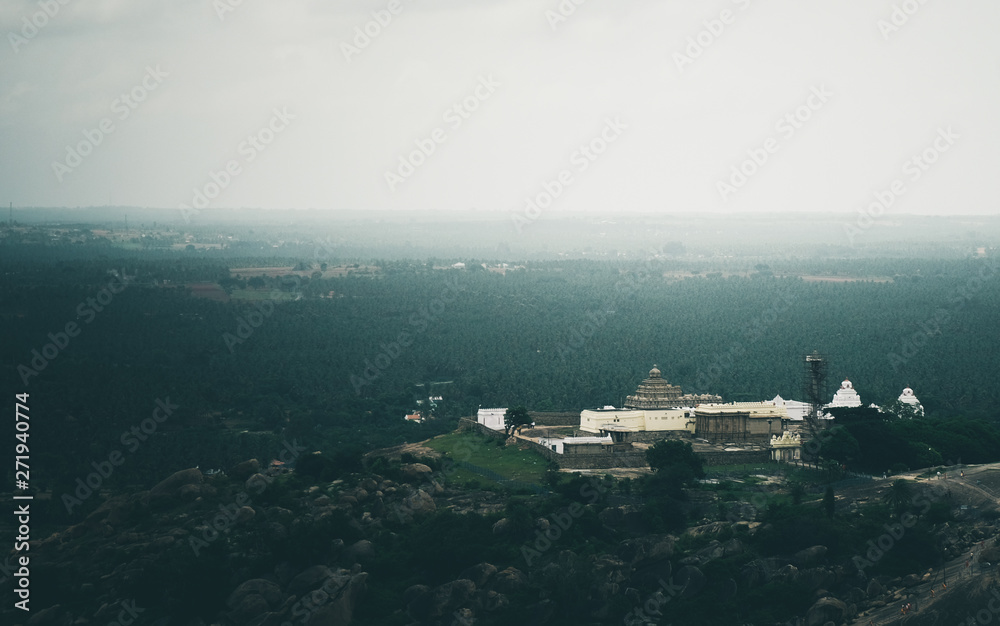 Panoramic view of Shravanabelagola town, Karnataka State, India. It is one of the most popular Jain pilgrimage center in the world
