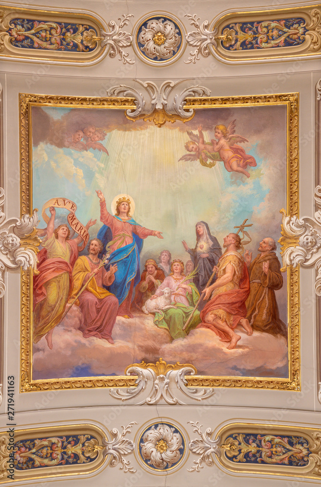 MENAGGIO, ITALY - MAY 8, 2015: The neobaroque ceiling fresco of Glorification of Virgin Mary  in church chiesa di Santo Stefano by Luigi Tagliaferri (1841-1927).