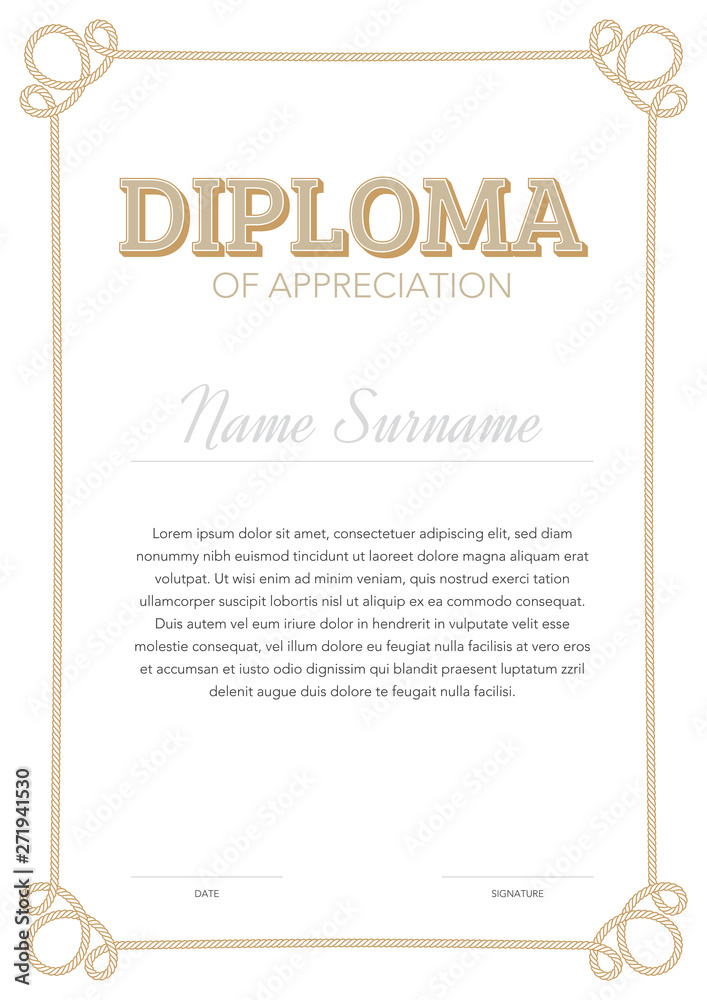 Vertical format certificate template in classical style with rope ornamental frame Vertical format certificate template in classical style with rope ornamental frame