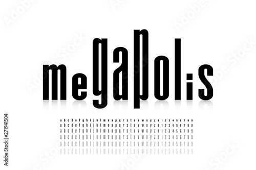 Megalopolis style font design, skyline alphabet letters and numbers