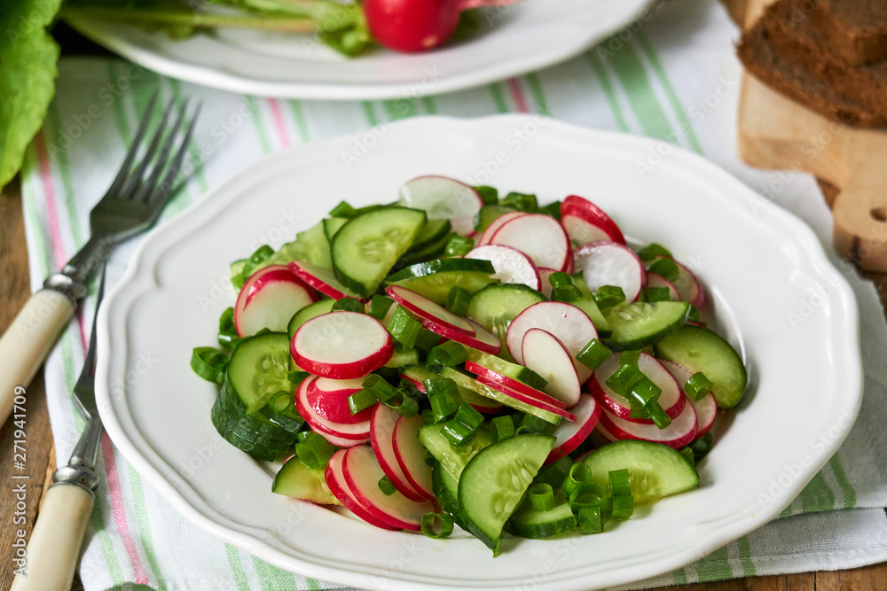 Vegetable salad with fresh cucumbers, radishes and green onions on a white plate  