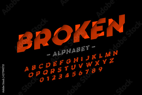 Broken font design, alphabet letters and numbers