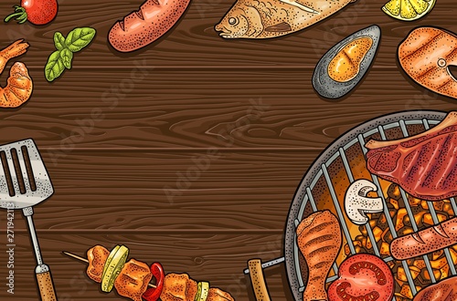 Barbecue horizontal poster. Color vector vintage engraving illustration