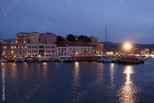 Night shot from iconic Venetian port of Chania  Crete island  Greece