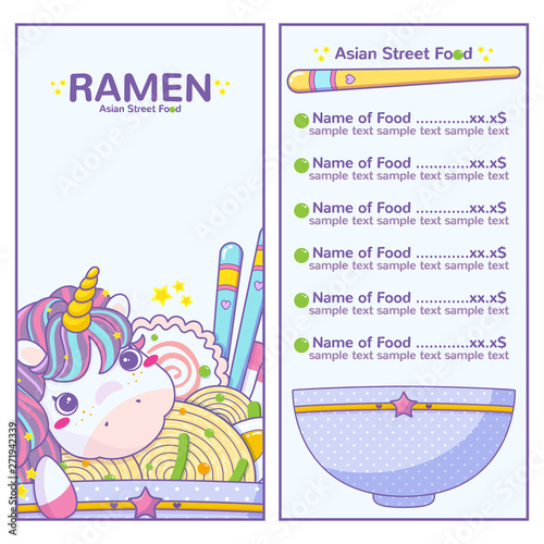 Vector background and template for menu. Kawaii art for Asian food, ramen shop, noodle cafe or sushi restaurant menu, flyer, price. Funny Unicorn with ramen, chopsticks, narutomaki, anime chibi style