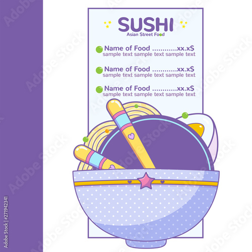 Vector list of background, template for menu with place for price and product composition. Kawaii art for Asian food, ramen shop, noodle cafe or sushi restaurant menu, flyer. Chopsticks, ramen and egg