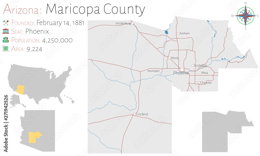Large and detailed map of Maricopa county in Arizona, USA
