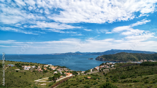 Aerial view of the Colera Mediterranean coastline in Costa Brava, Colera, Catalonia, Spain