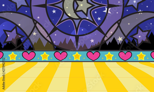 Vector cartoon background. Ballroom with stained glass window, moon and stars, border wall, tile floor, forest and sky. Night version, for kids games, apps, video channels. Children’s book style