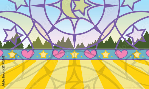Vector cartoon background. Ballroom with stained glass window, moon and stars, border wall, tile floor, forest and sky. Day version, for kids games, apps, video channels. Children’s book style