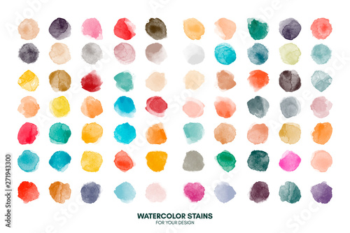 Set of colorful watercolor hand painted round shapes, stains, circles, blobs isolated on white. Elements for artistic design