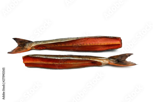 Smoked salmon fish Kety. Two pieces. Isolate on white background