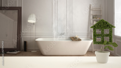 White table top or shelf with green plant in pot shaped like house  modern blurred bathroom with bathtub in the background  interior design  real estate  eco architecture concept idea