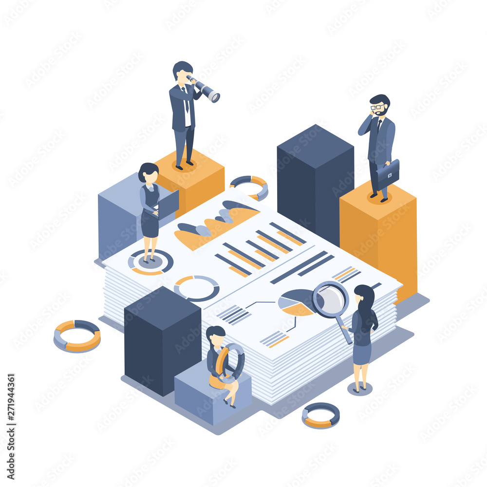Isometric vector illustration. The concept of business auditing. Analysis of statistics, management, administration. Verification of accounting data. Financial report. Professional audit advice. Flat 