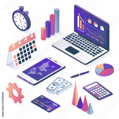 Isometric vector illustration. Laptop with elements of infographics. Collection of business objects. 