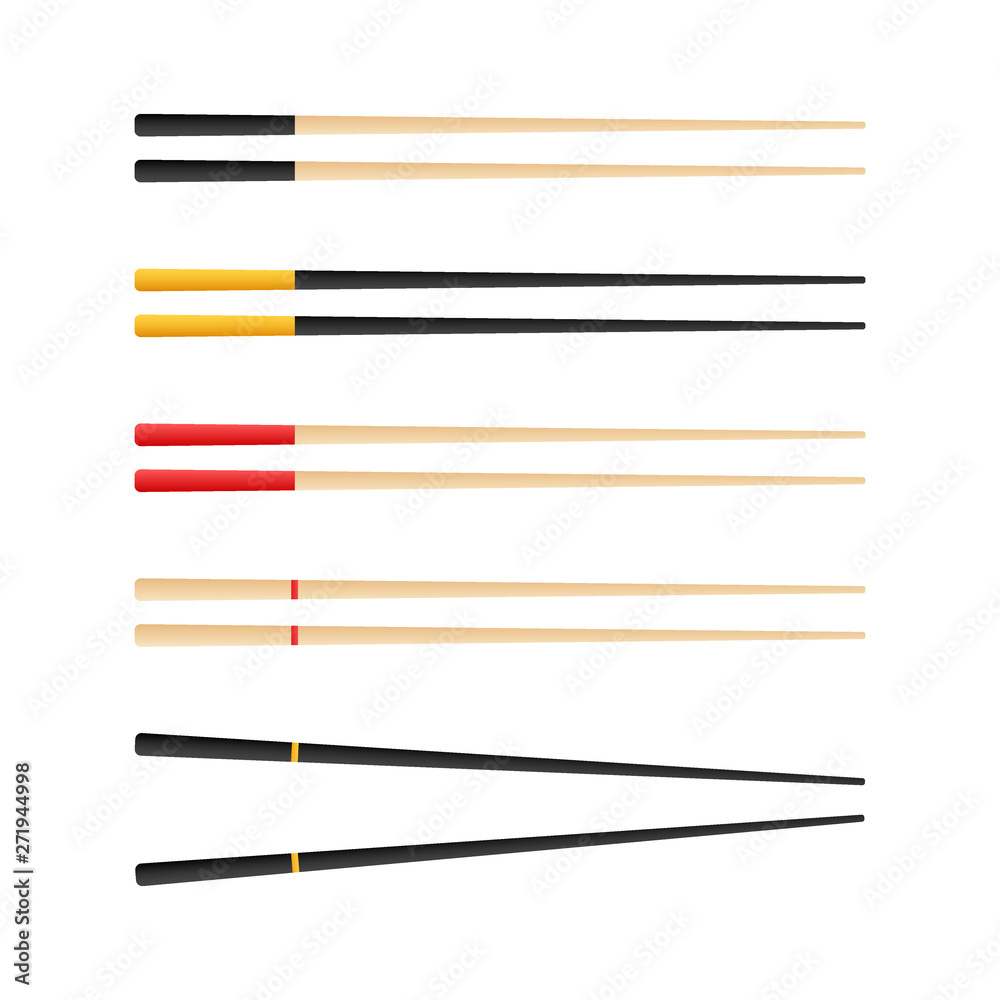 Chopsticks holding sushi roll. concept of snack, sushi, exotic nutrition, sushi restaurant. Vector stock illustration.