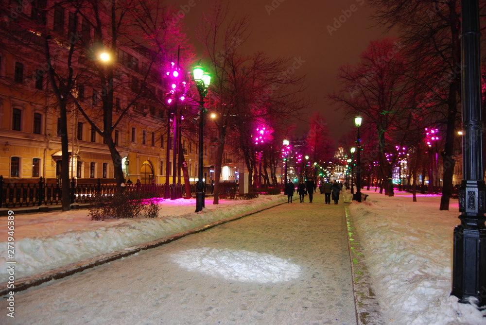 Moscow night street in January 2019, Russia