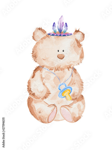 Teddy bear boy with dummy. Baby shower illustration