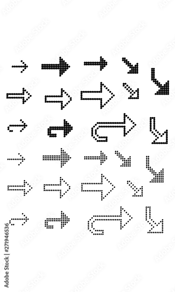 Naklejka premium Set of 26 style vector black and white pixel art arrows