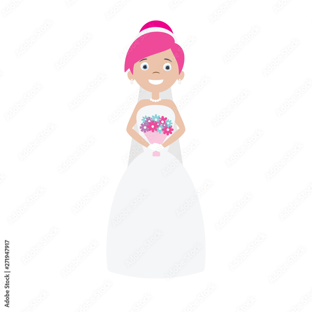 Vector flat cartoon bride with bouquet and pink hair isolated on white background Vector flat cartoon bride with bouquet and pink hair isolated on white background